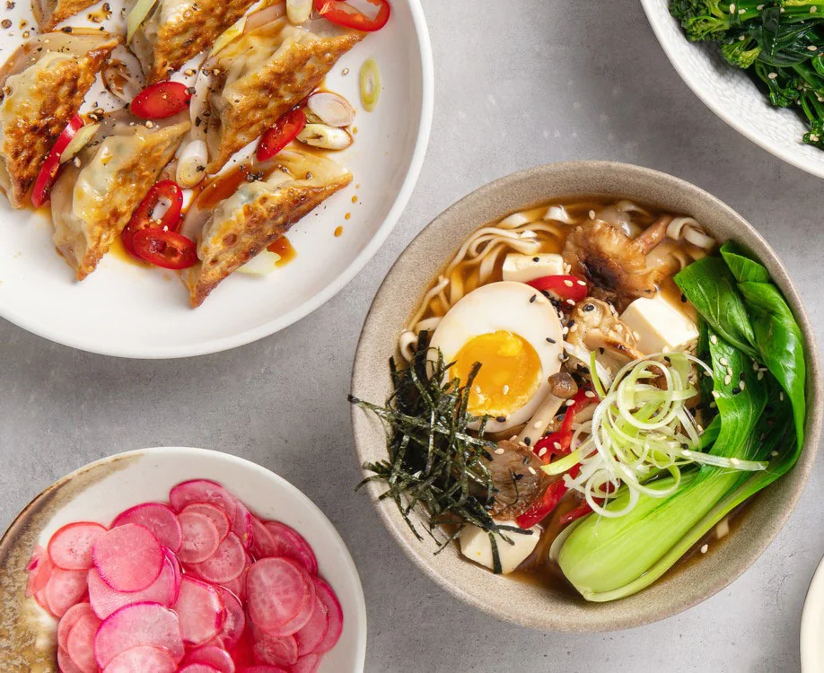 Kung Fu Mama ramen bowl with egg, pak choi and gyoza